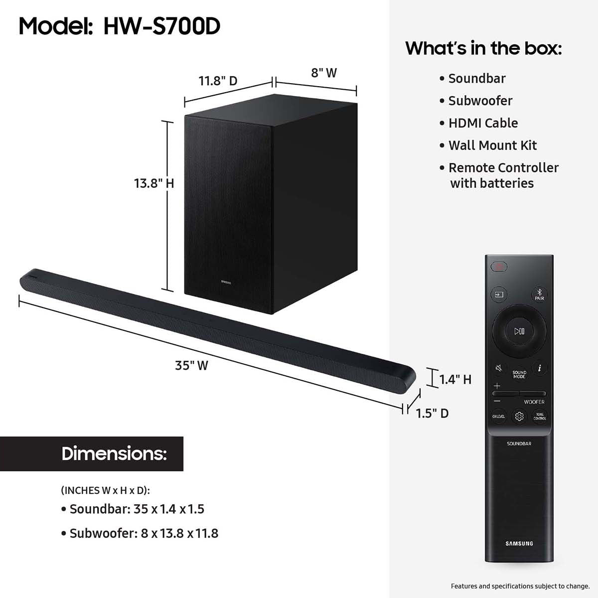 Samsung HW-S700D 3.1-Channel Soundbar with Wireless Subwoofer (Black)