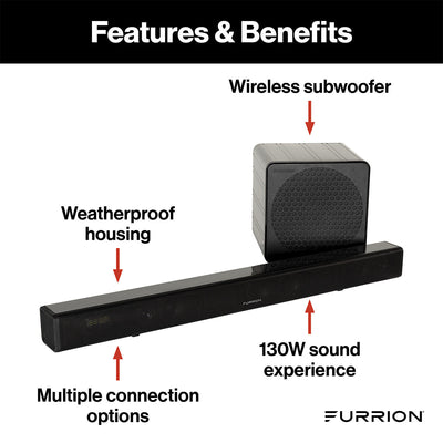 Furrion Aurora 130W 2.1 Outdoor Sound System with 8" Wireless Subwoofer, Bluetooth, HDMI-ARC, & Optical Inputs