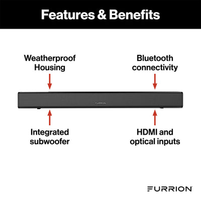 Furrion Aurora 70W 2.1 Outdoor Soundbar with Built-In Subwoofer, Bluetooth, HDMI-ARC, & Optical Inputs