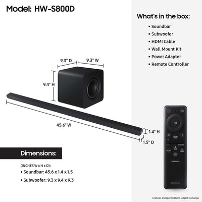 Samsung HW-S800D 3.1.2-Channel Soundbar with Wireless Subwoofer (Black)